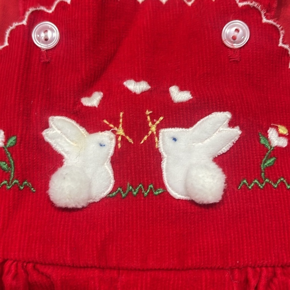 Vintage red corduroy embroidered bunny baby Overalls - Picture 2 of 6